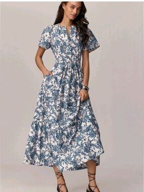 Anthropologie Somerset Maxi Blue White Floral Blue Fern XS Dress